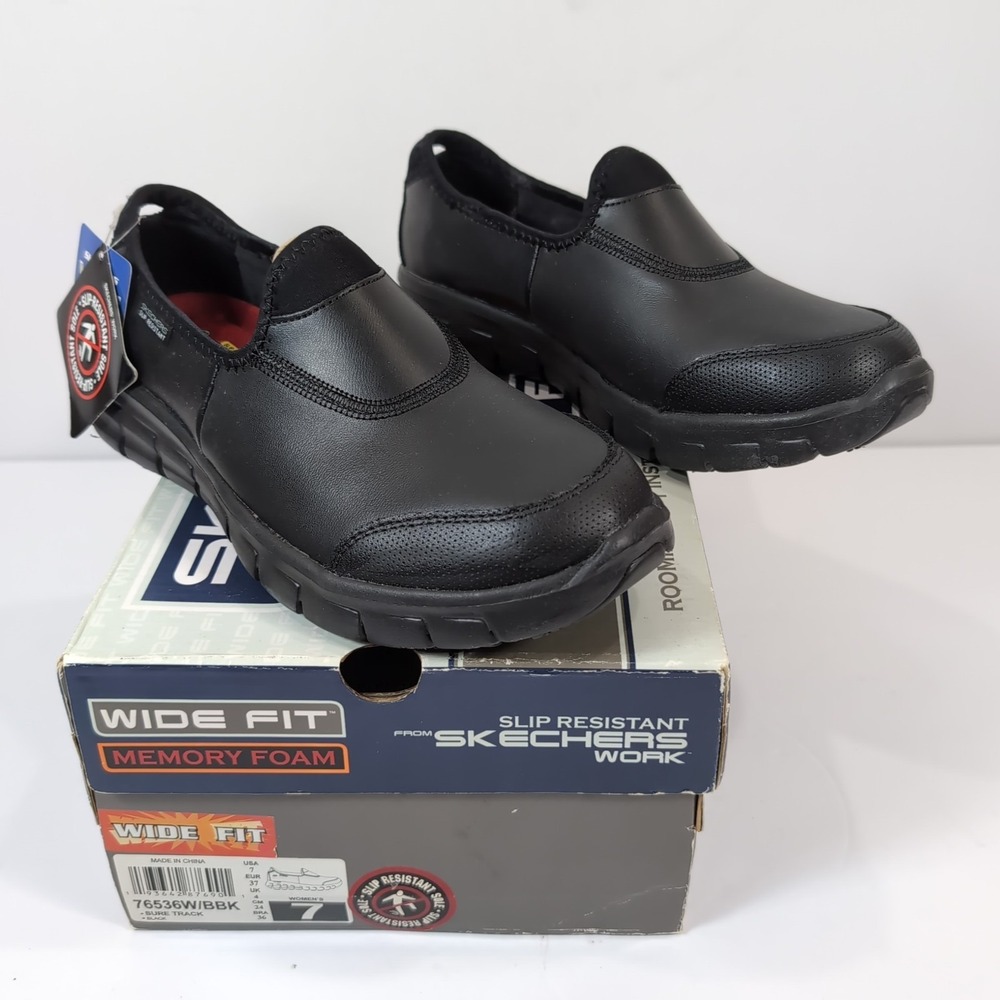 Womens Skechers SURE TRACK Size 7 Wide Slip Resistant Work Shoes 76536W/BBK